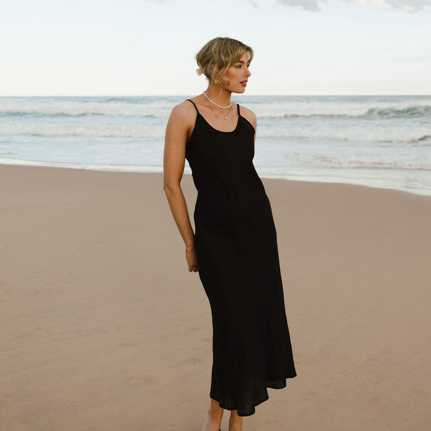 Deia Linen Slip Dress - Black Wildflower Ethical Apparel Deia Linen Slip Dress - Black Wildflower Ethical Apparel